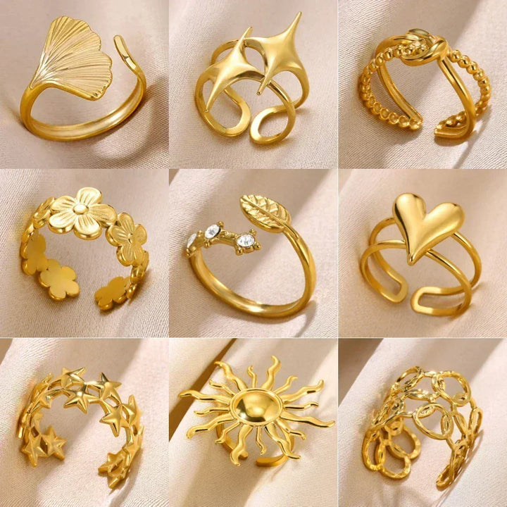 Women's Gold Color Stainless Steel Floral Open Ring