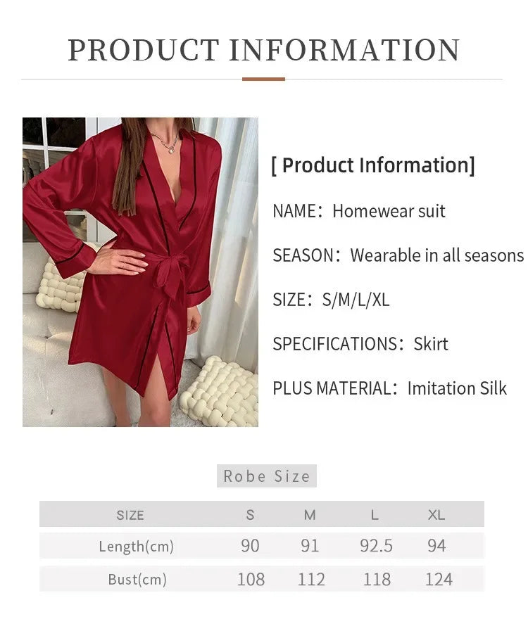 Women's Black Satin V Neck Long Sleeve Robe