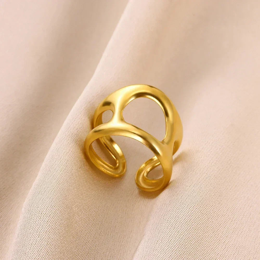 Women's Gold Color Stainless Steel Floral Open Ring