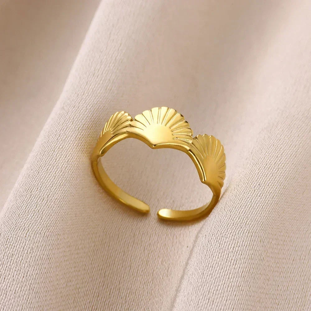 Women's Gold Color Stainless Steel Floral Open Ring