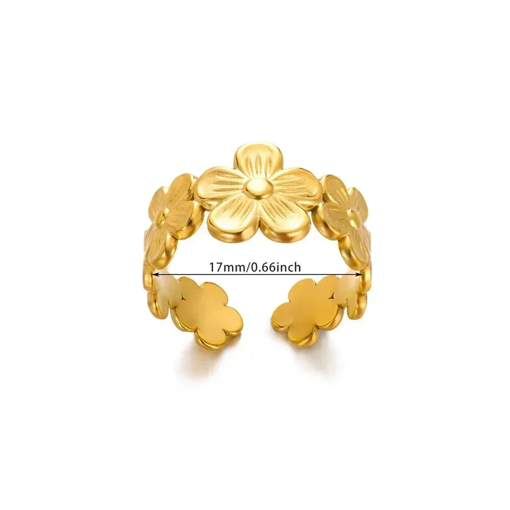 Women's Gold Color Stainless Steel Floral Open Ring