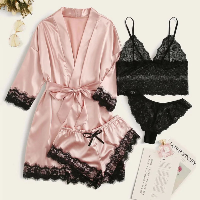 Women's Satin Lace Patchwork Kimono Robe Sleepwear Set
