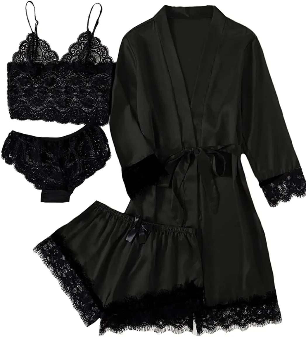 Women's Satin Lace Patchwork Kimono Robe Sleepwear Set