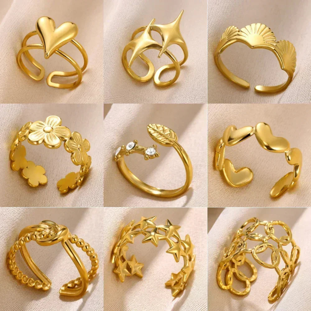 Women's Gold Color Stainless Steel Floral Open Ring
