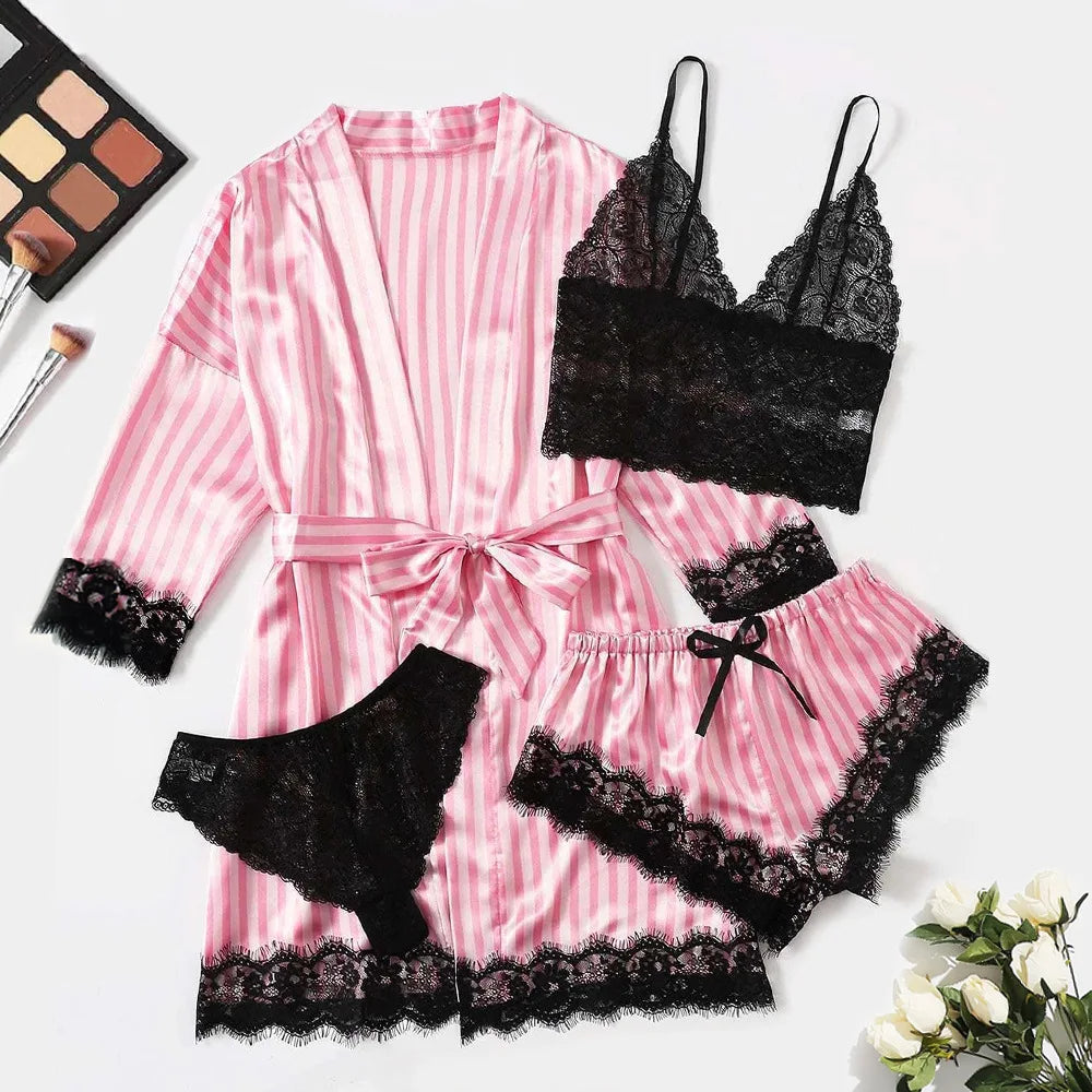 Women's Satin Lace Patchwork Kimono Robe Sleepwear Set