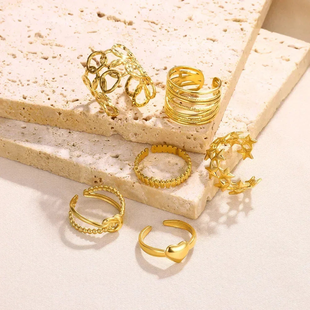 Women's Gold Color Stainless Steel Floral Open Ring