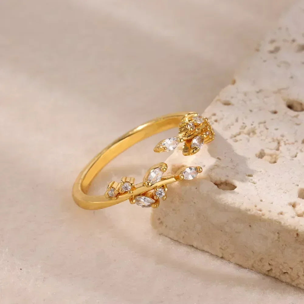 Women's Gold Color Stainless Steel Floral Open Ring