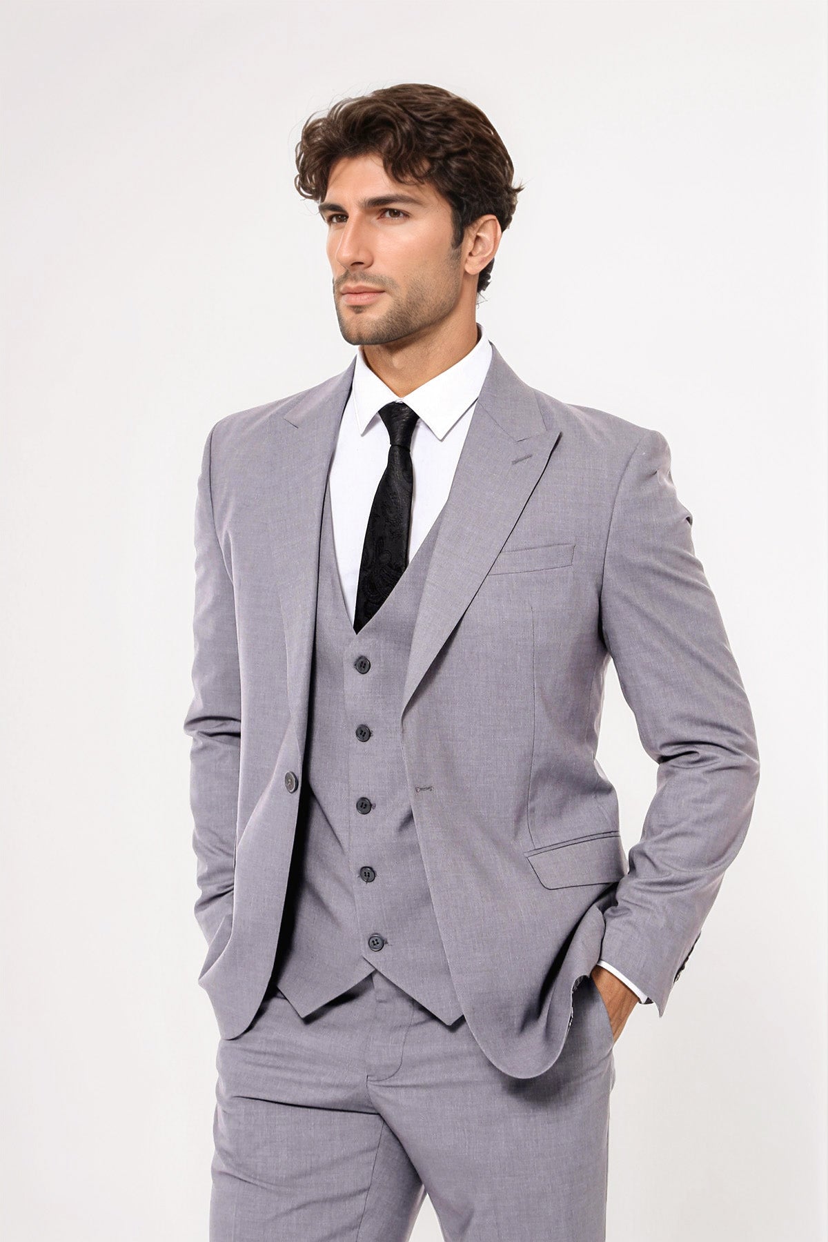 Grey Men's Plain Formal Suit With Vest