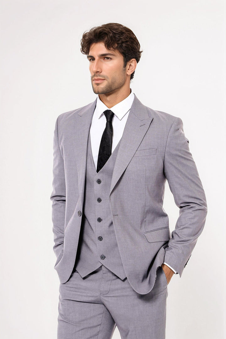 Grey Men's Plain Formal Suit With Vest