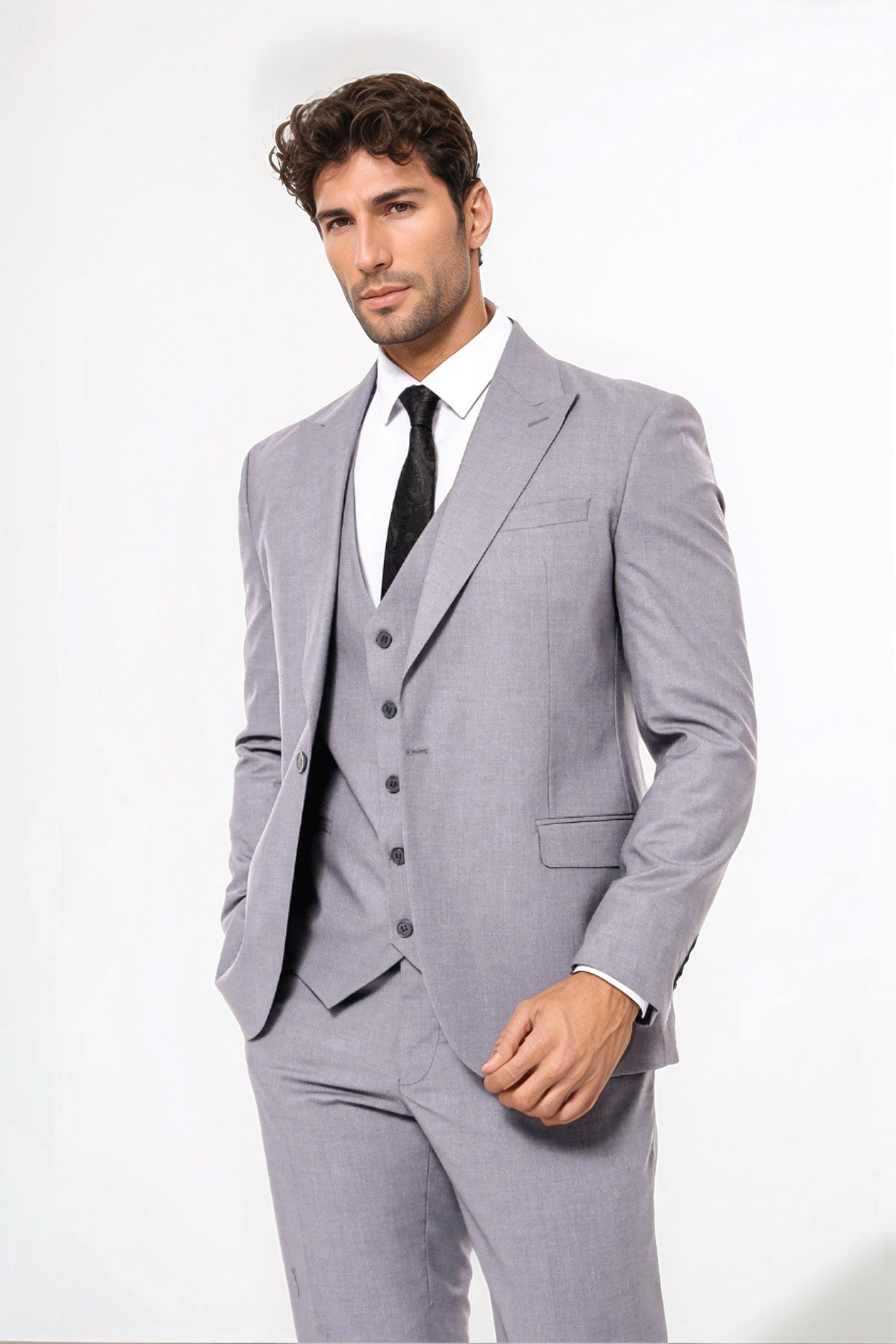 Grey Men's Plain Formal Suit With Vest