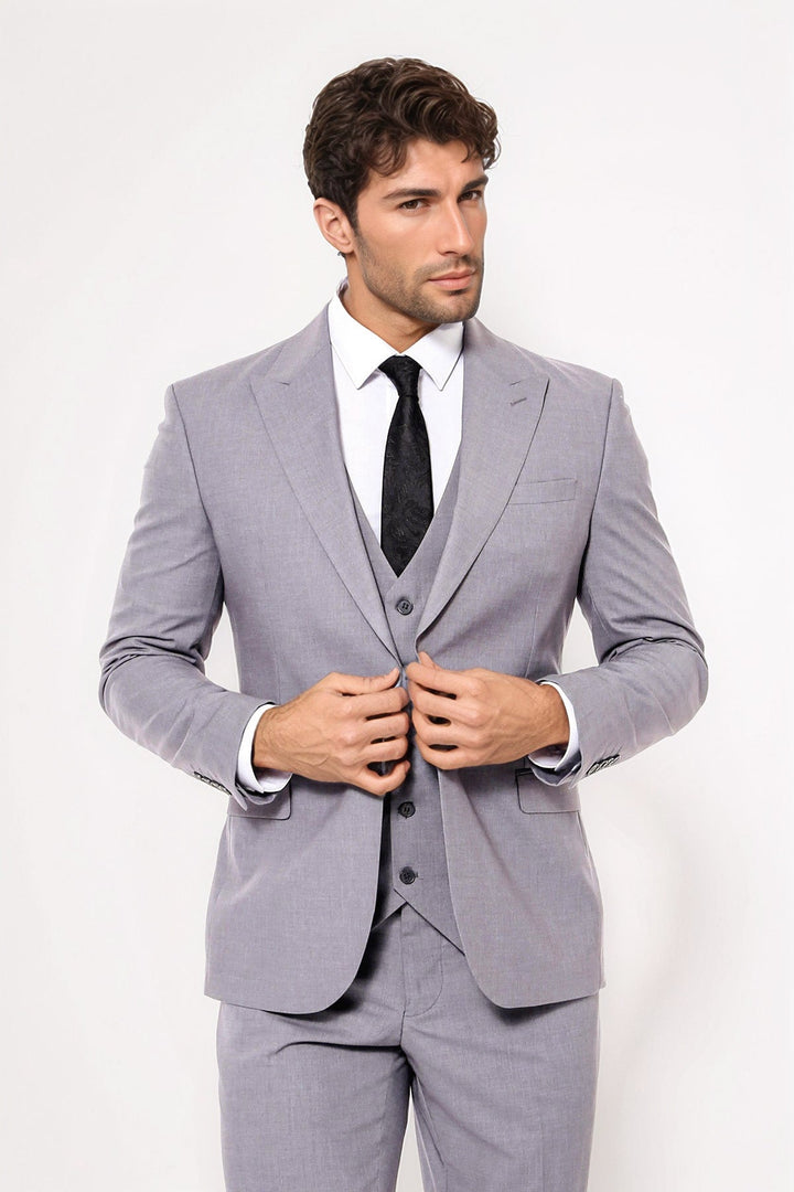 Grey Men's Plain Formal Suit With Vest