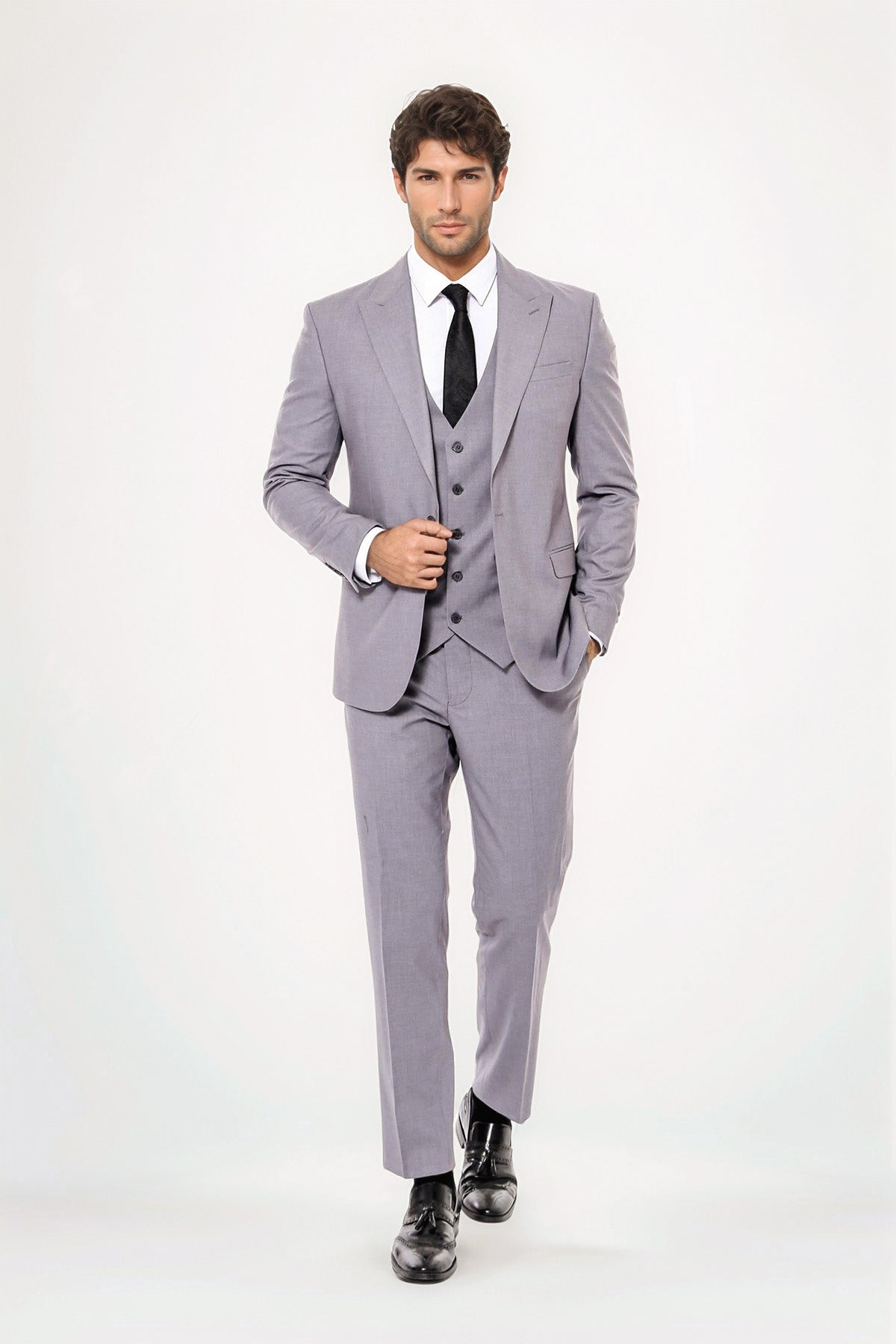 Grey Men's Plain Formal Suit With Vest