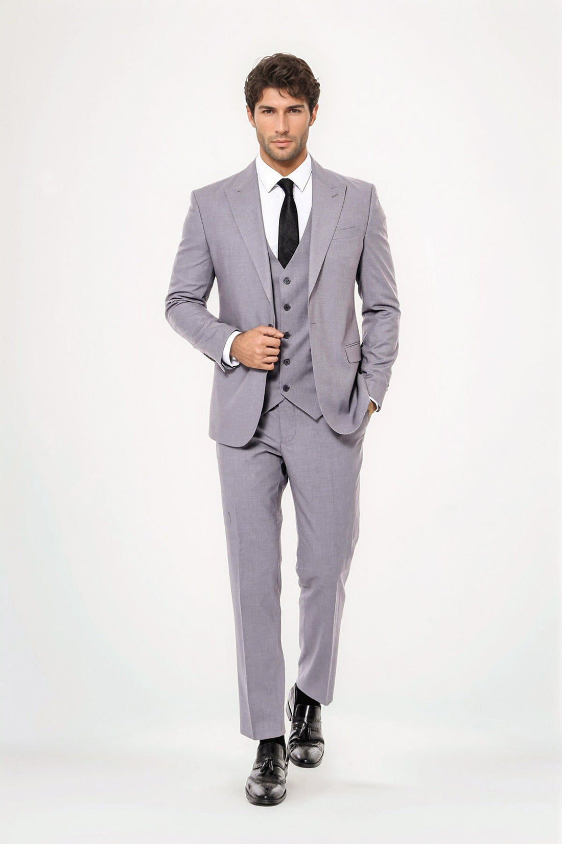 Grey Men's Plain Formal Suit With Vest