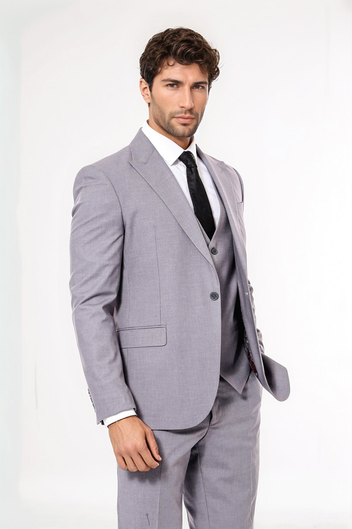 Grey Men's Plain Formal Suit With Vest