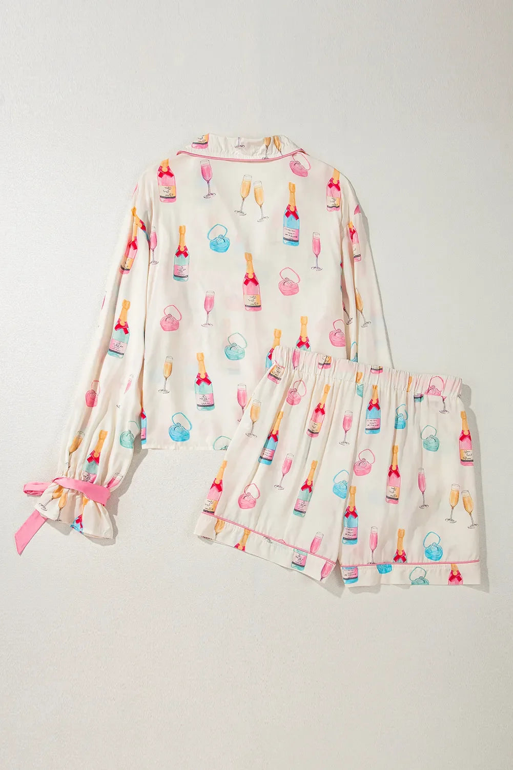Women's Bow Print Collared Top Drawstring Shorts Lounge Set