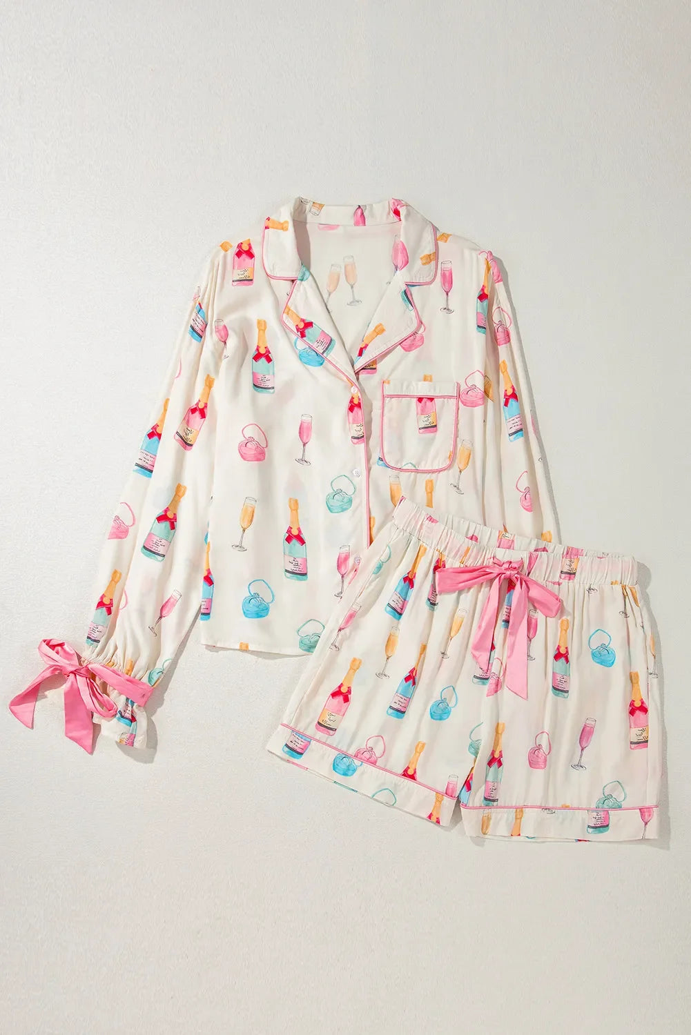 Women's Bow Print Collared Top Drawstring Shorts Lounge Set