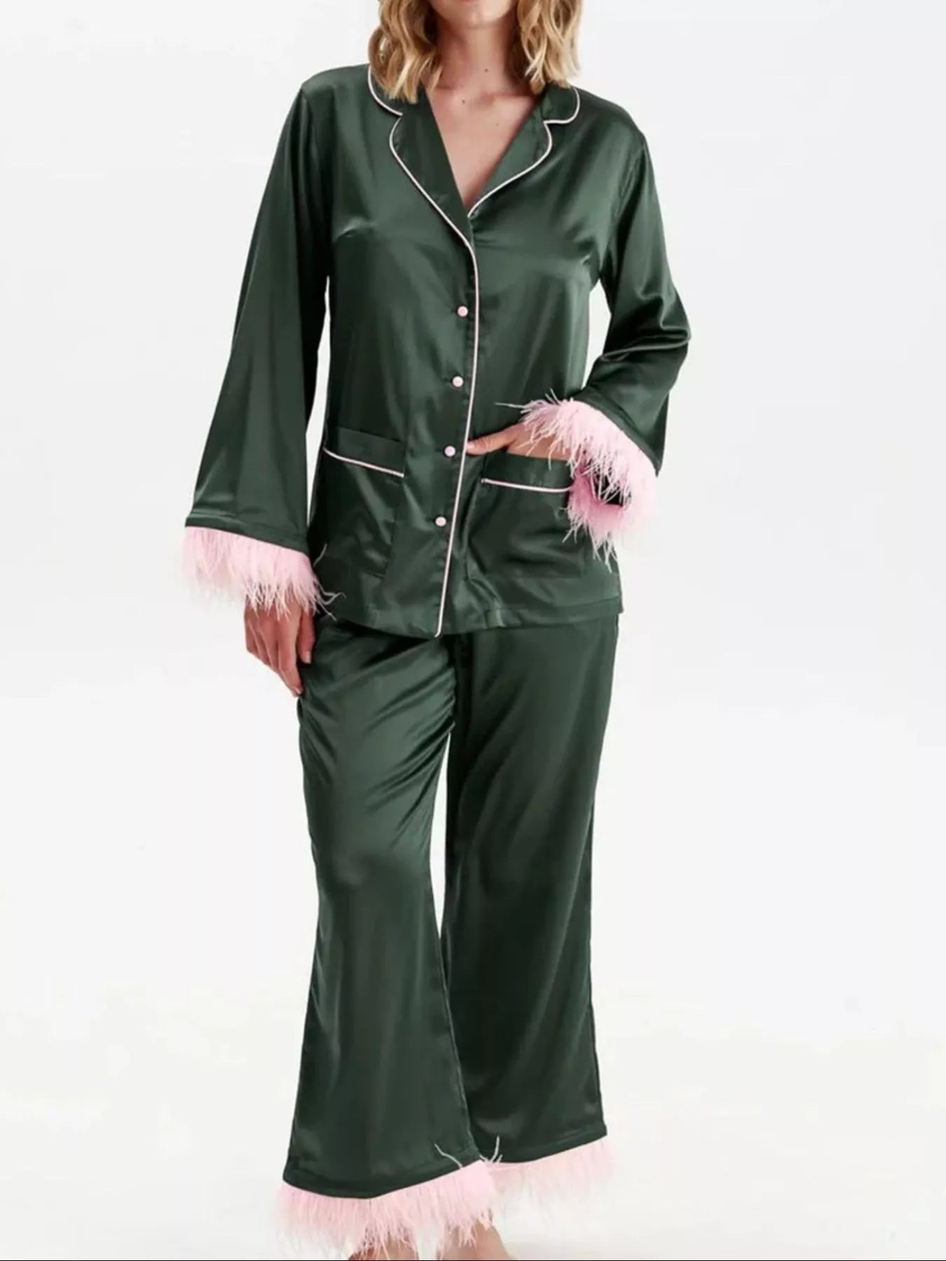 Women's Silky Button Up Top And Pants Lounge Set