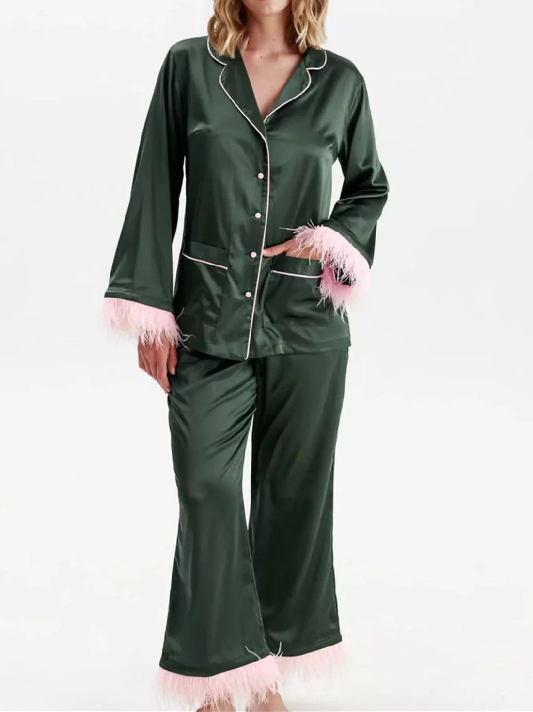 Women's Silky Button Up Top And Pants Lounge Set