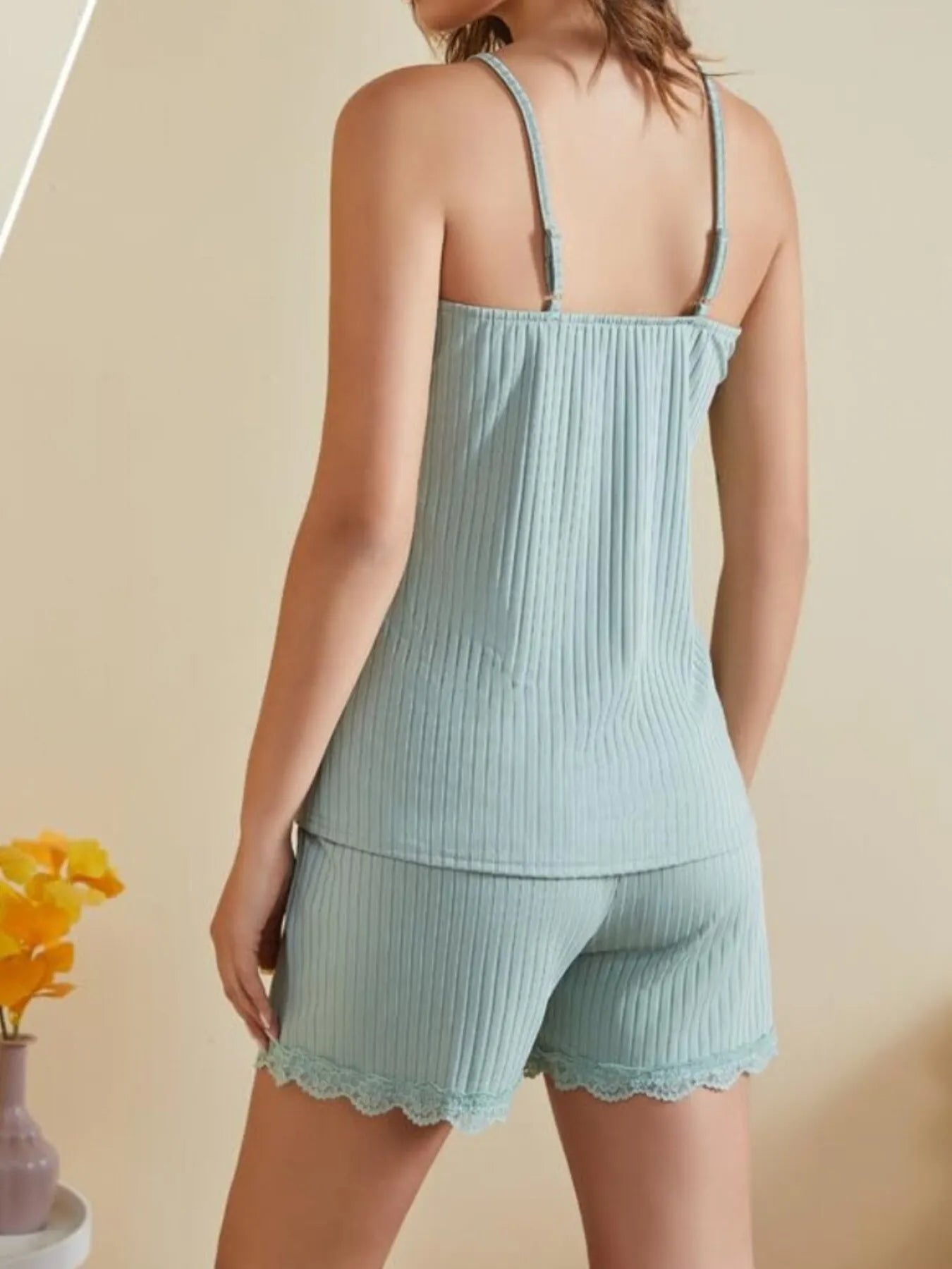 Women's Lace Trim Ribbed Cami Shorts Lounge Set