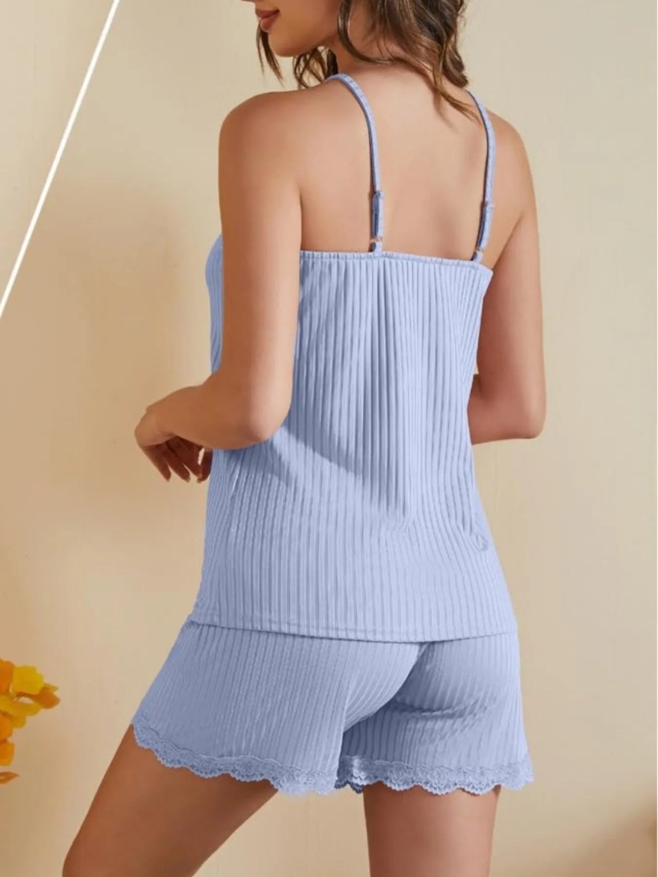 Women's Lace Trim Ribbed Cami Shorts Lounge Set