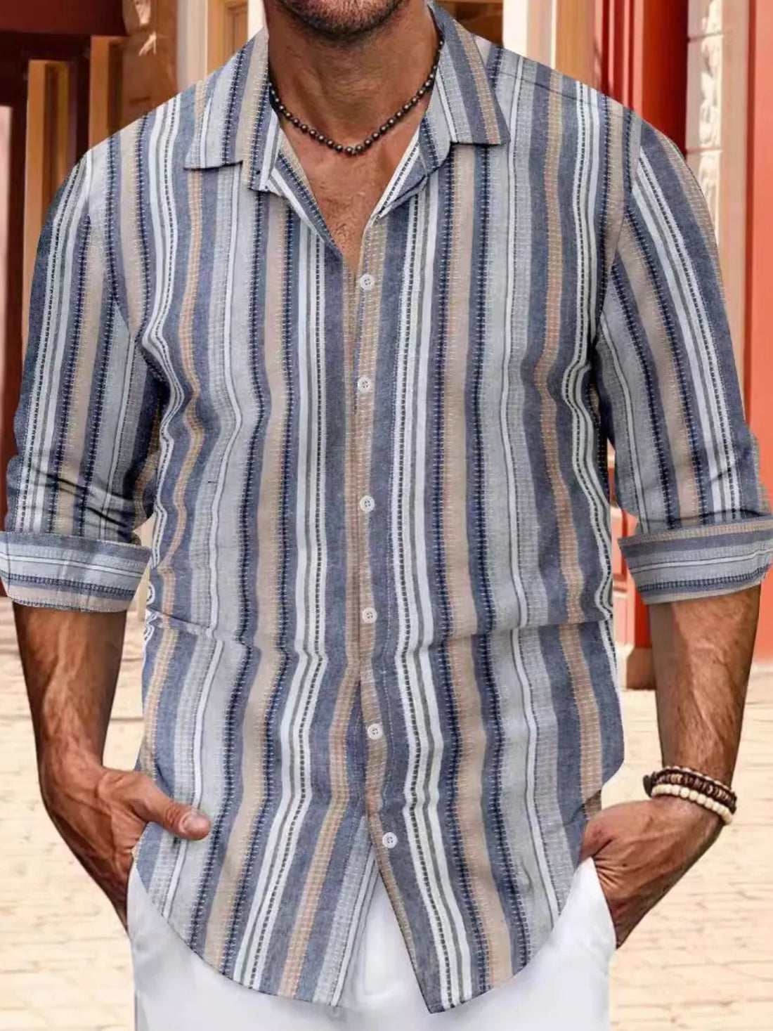 Men's Plus Size Striped Button Up Long Sleeve Shirt