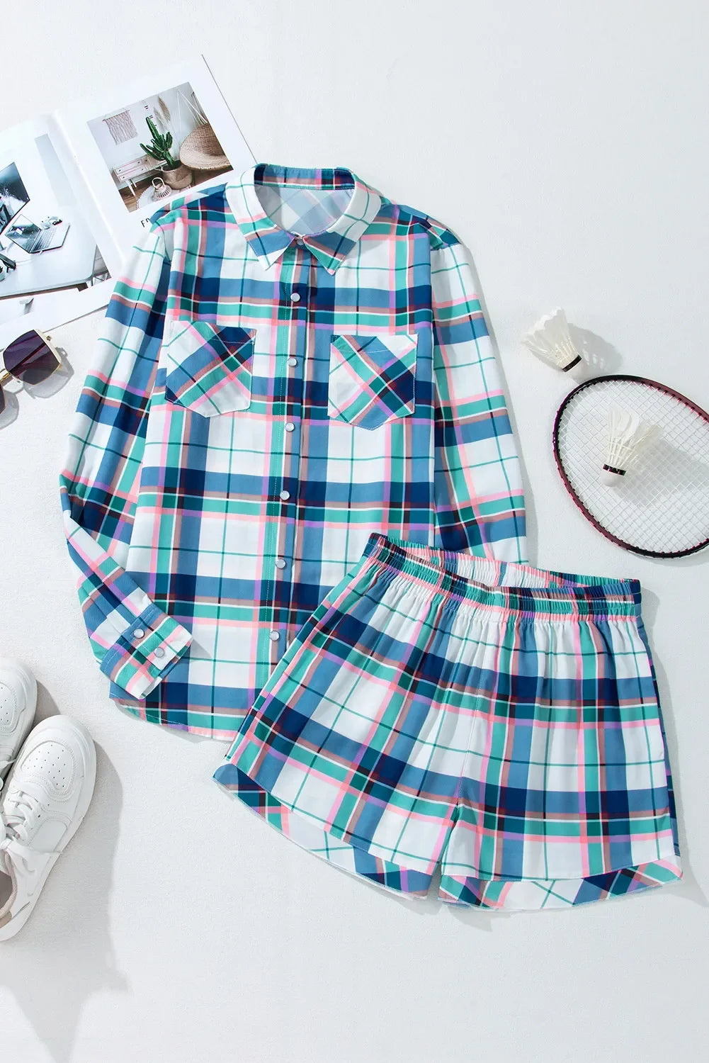 Women's Plaid Snap Down Long Sleeve Shorts Lounge Set