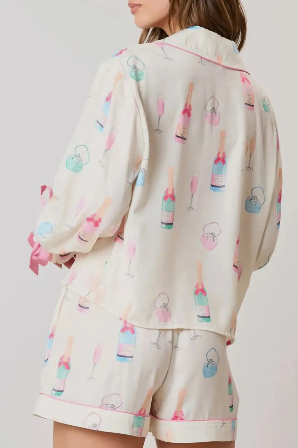 Women's Bow Print Collared Top Drawstring Shorts Lounge Set