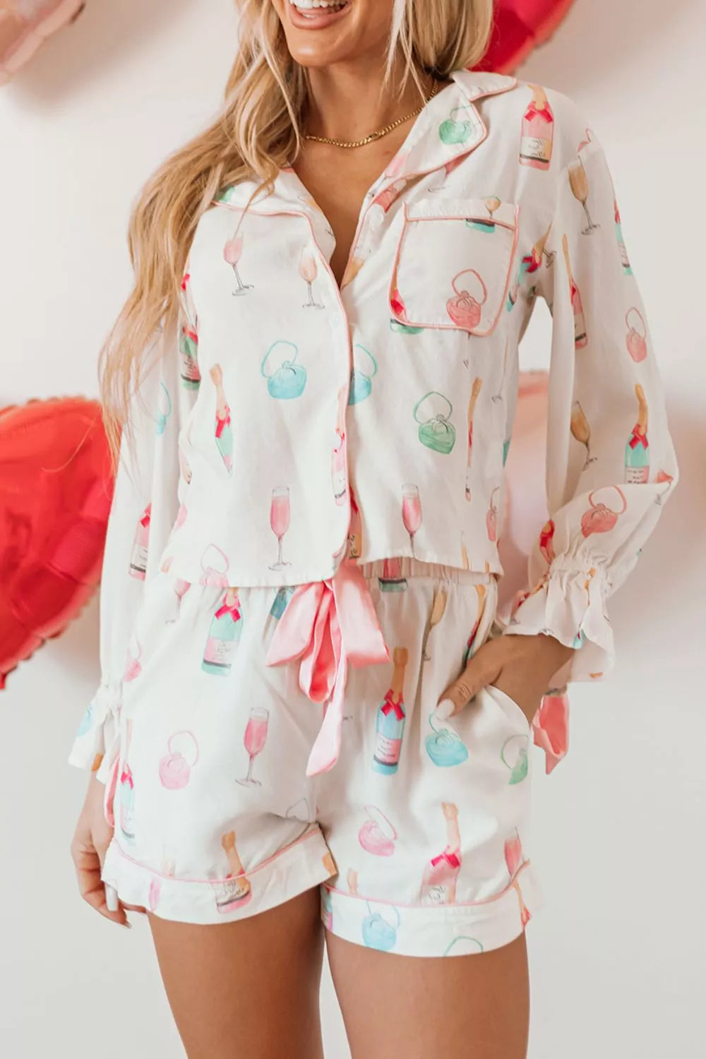 Women's Bow Print Collared Top Drawstring Shorts Lounge Set