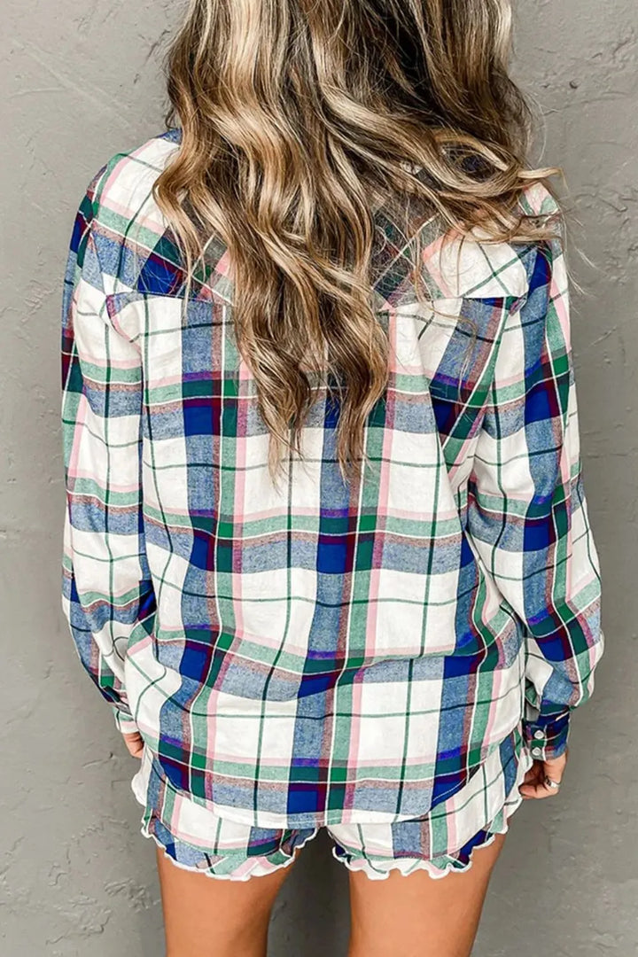 Women's Plaid Snap Down Long Sleeve Shorts Lounge Set