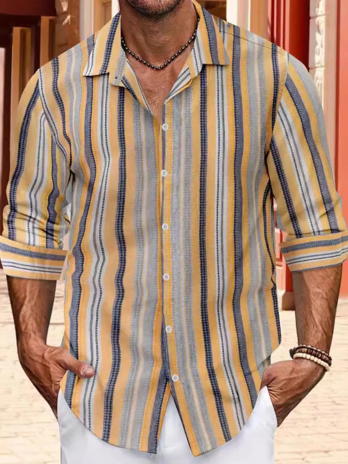 Men's Plus Size Striped Button Up Long Sleeve Shirt