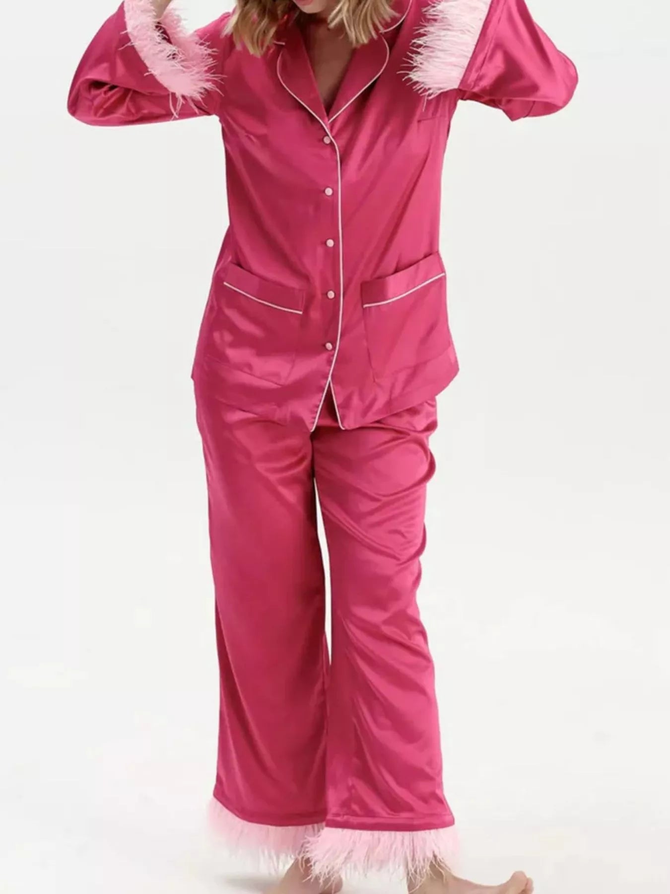Women's Silky Button Up Top And Pants Lounge Set