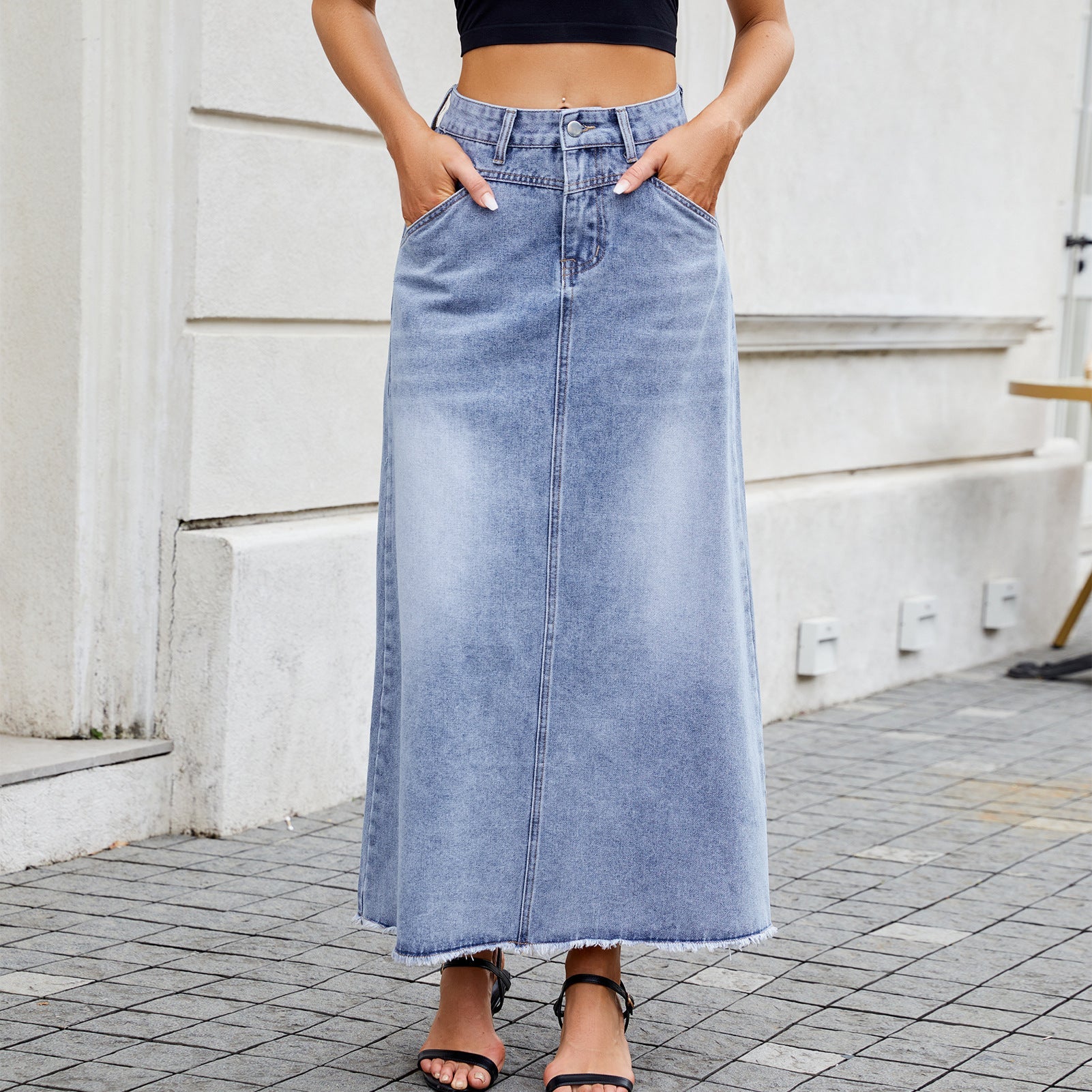 Women's High Waisted Loose Fit Denim Midi Skirt