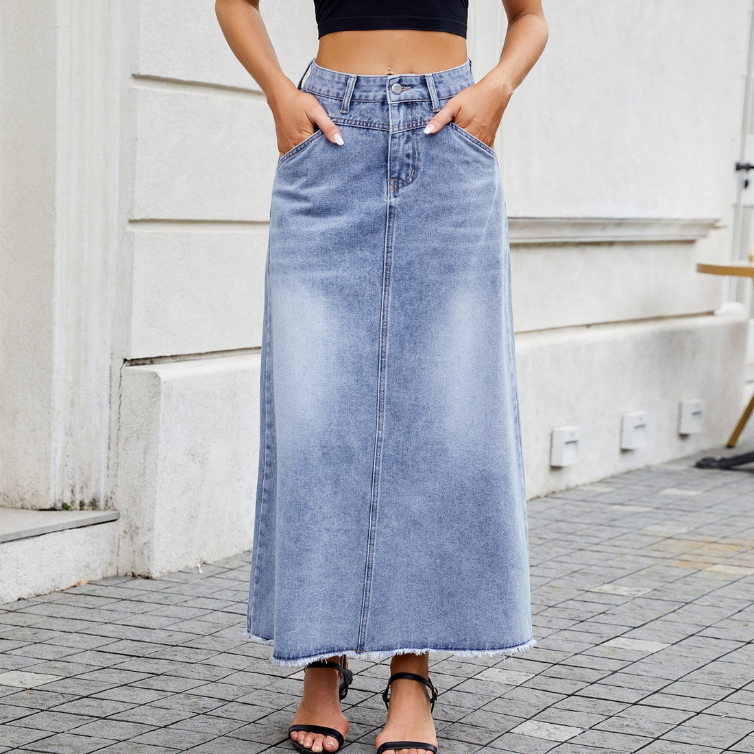 Women's High Waisted Loose Fit Denim Midi Skirt