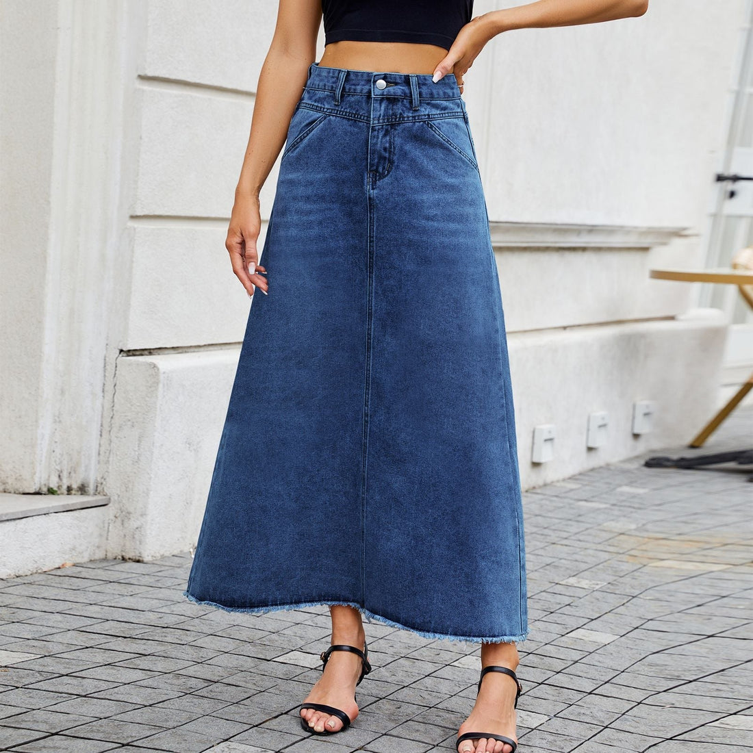 Women's High Waisted Loose Fit Denim Midi Skirt