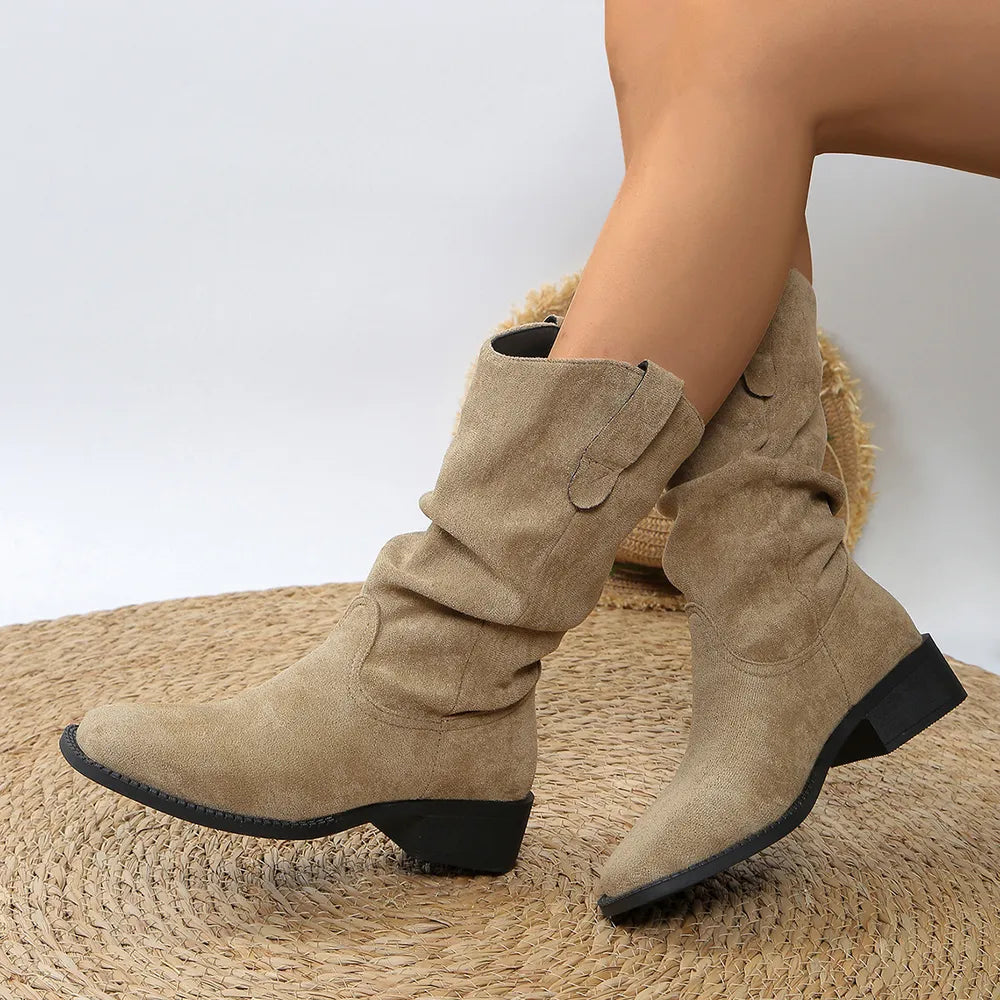 Pleated Pull On Western Cowboy Boots Casual Women's