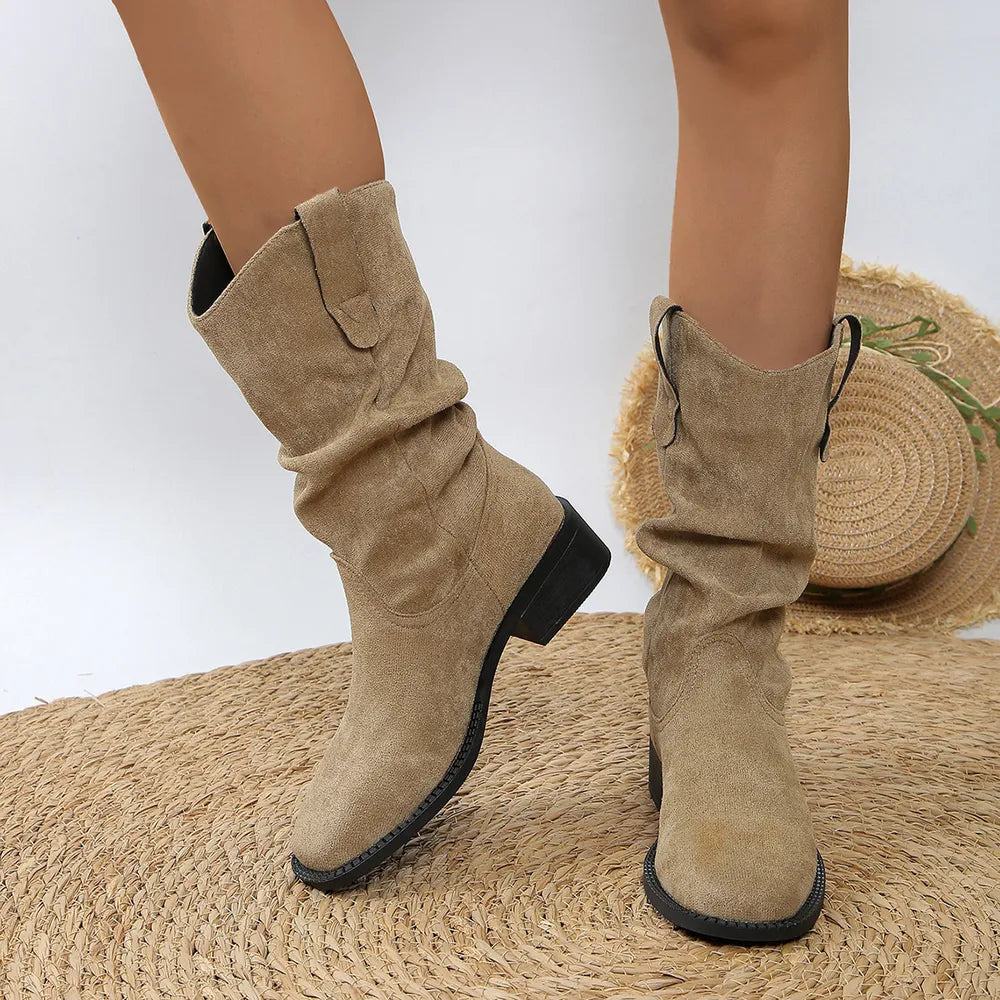 Pleated Pull On Western Cowboy Boots Casual Women's