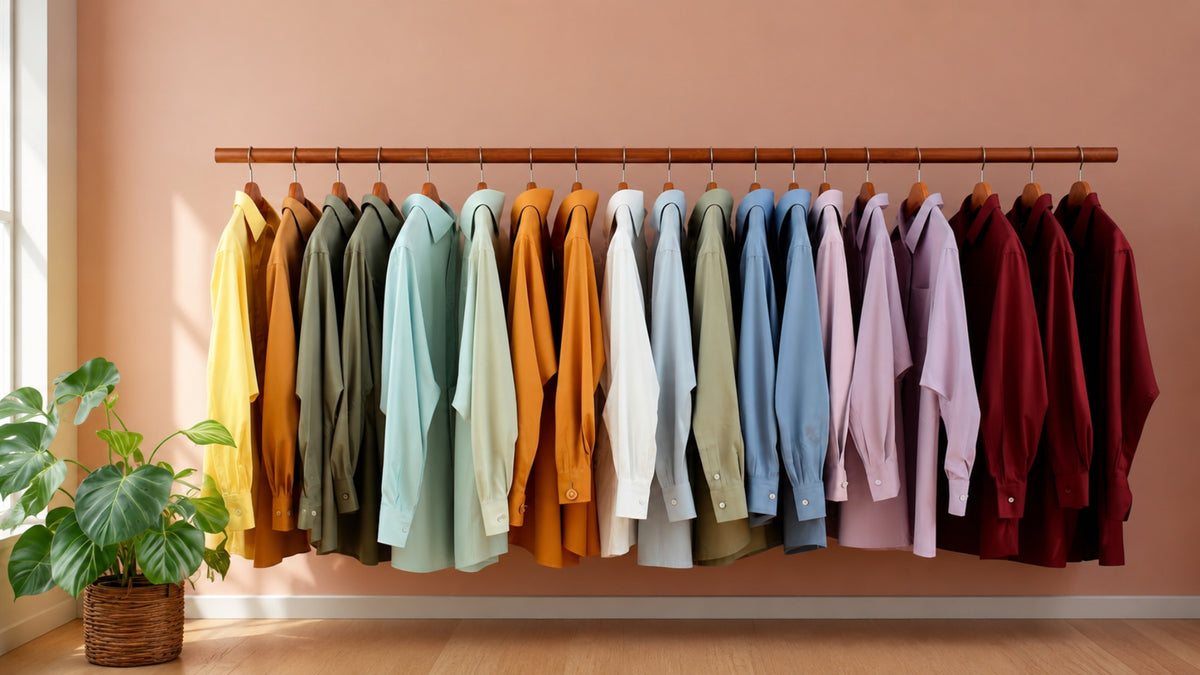 A set of long-sleeve button-up shirts in a rainbow color palette hanging on a wooden rack against a peach-colored wall, with a potted green plant on the left.