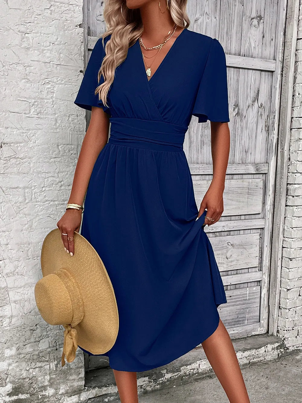 Women's Surplice Flutter Sleeve Elegant Midi Dress Style