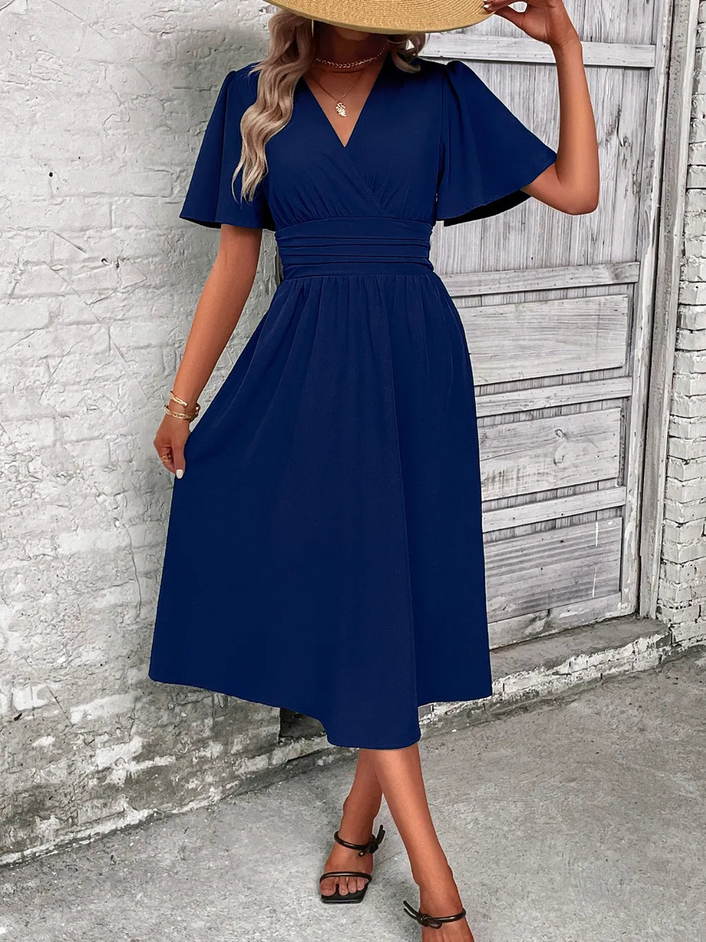 Women's Surplice Flutter Sleeve Elegant Midi Dress Style