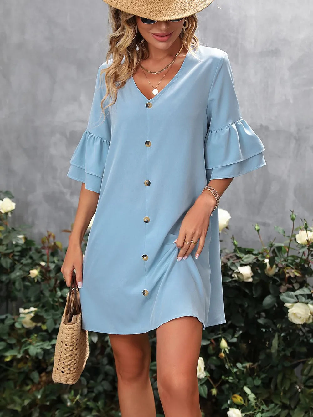Women's V Neck Half Sleeve Casual Mini Dress