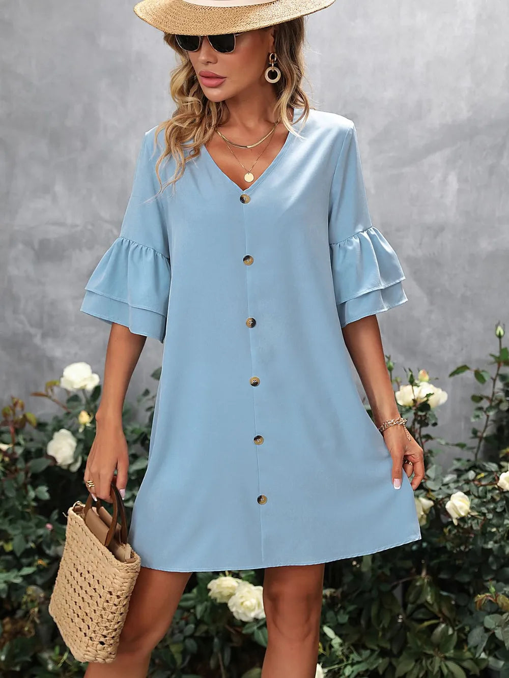 Women's V Neck Half Sleeve Casual Mini Dress