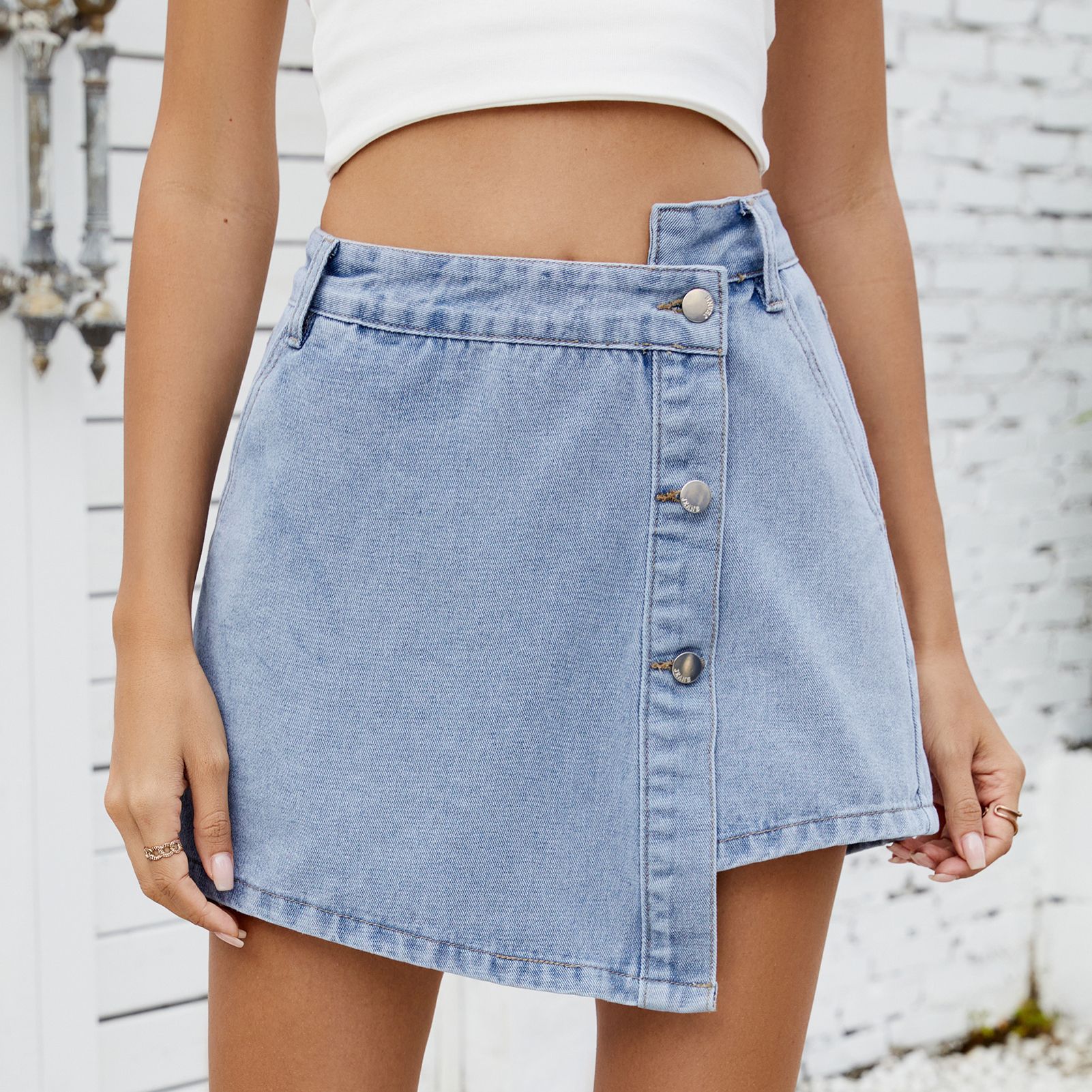 Women's Button Up Irregular Denim Skirt Pants Casual